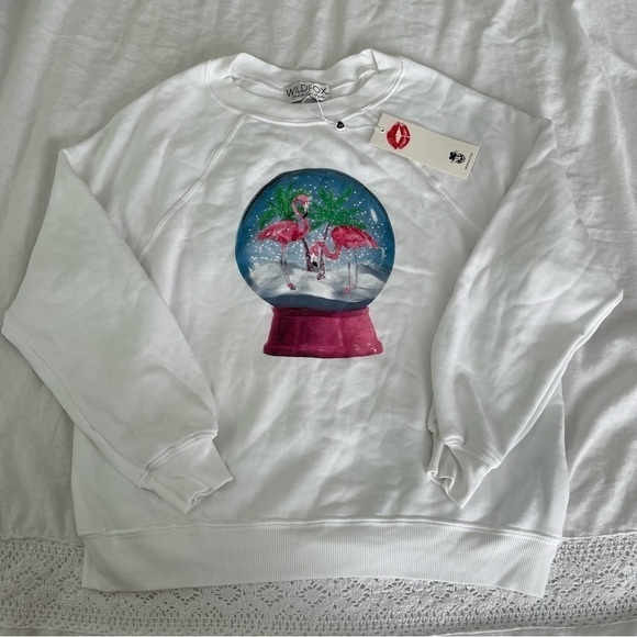 NWT new Wildfox SMALL White Snowy Tropics Sommers Snow Globe Sweatshirt flamingo - Picture 3 of 10